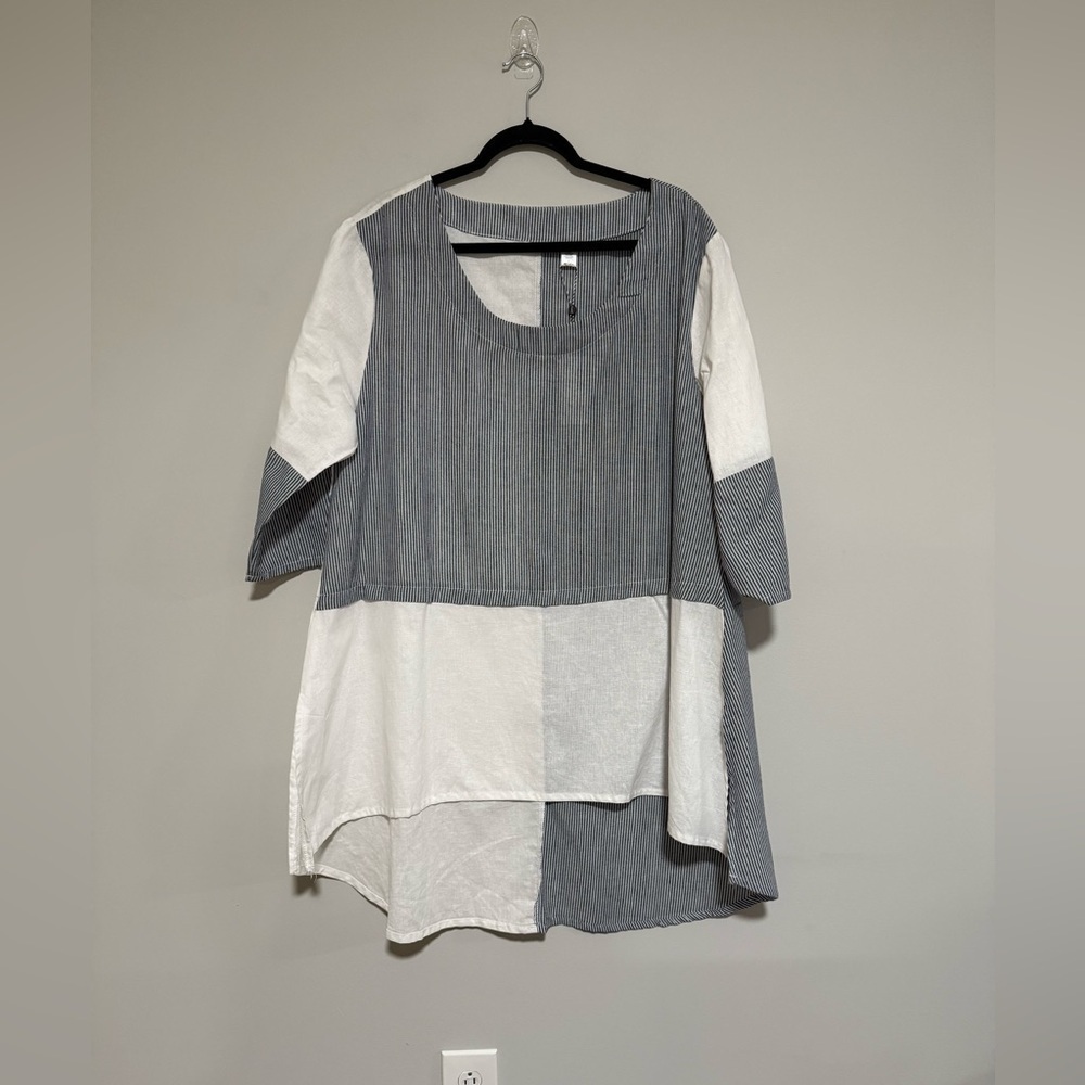 KAKTUS Blue/White Stripe Tunic Top Size Large NWT Coastal Lagenlook Linen Cotton